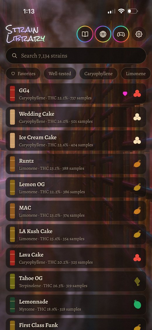 The Strain Library home screen: a search bar over a list of strains with THC and sample counts