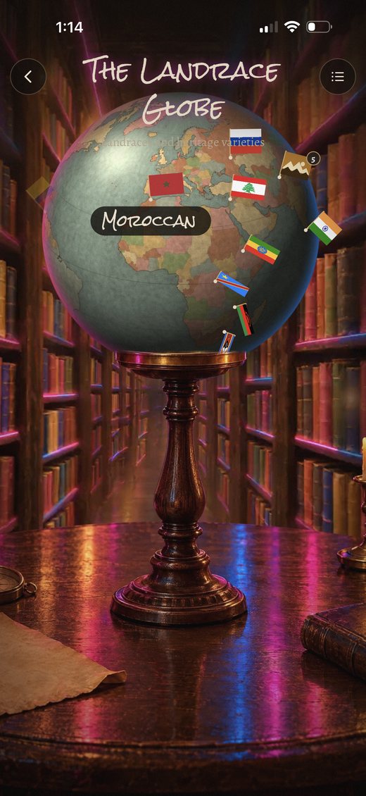 The landrace globe on a library table, with country flags marking landrace strains