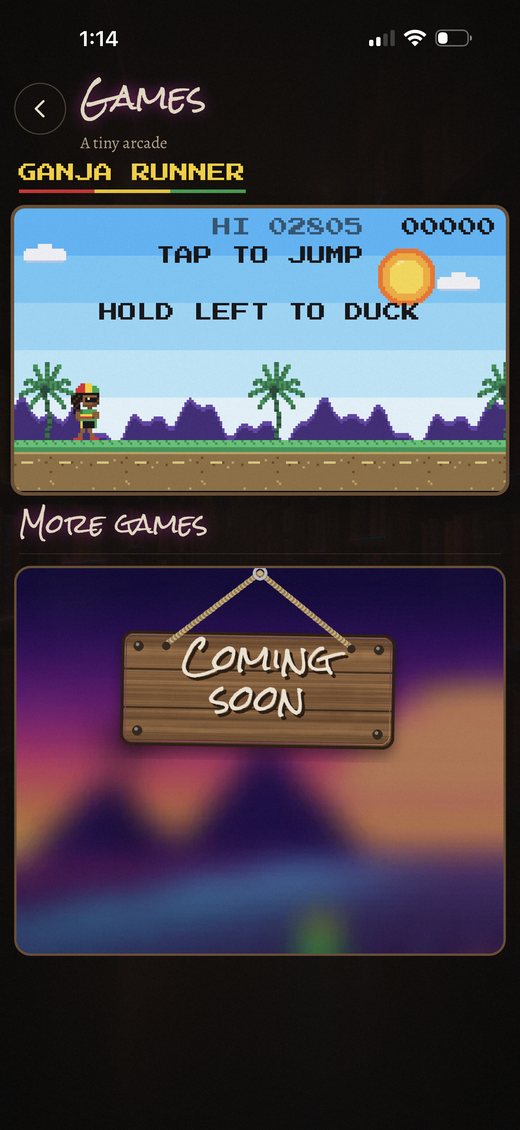 The Games screen with a pixel-art runner game